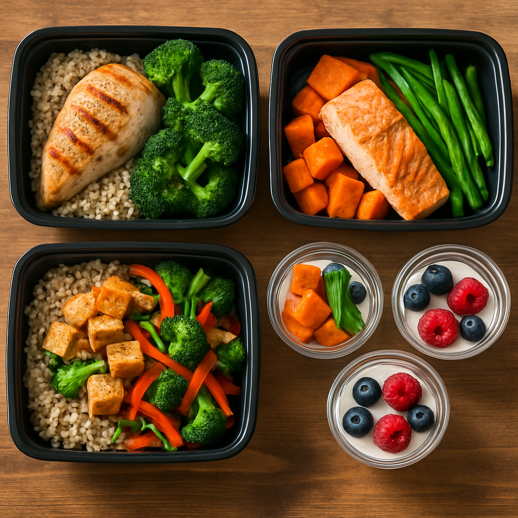 Overhead view of prepared high-protein meals in containers: grilled chicken with quinoa and roasted broccoli, baked salmon with sweet potato and green beans, tofu stir-fry with brown rice, and small cups of Greek yogurt with berries on a wooden table.