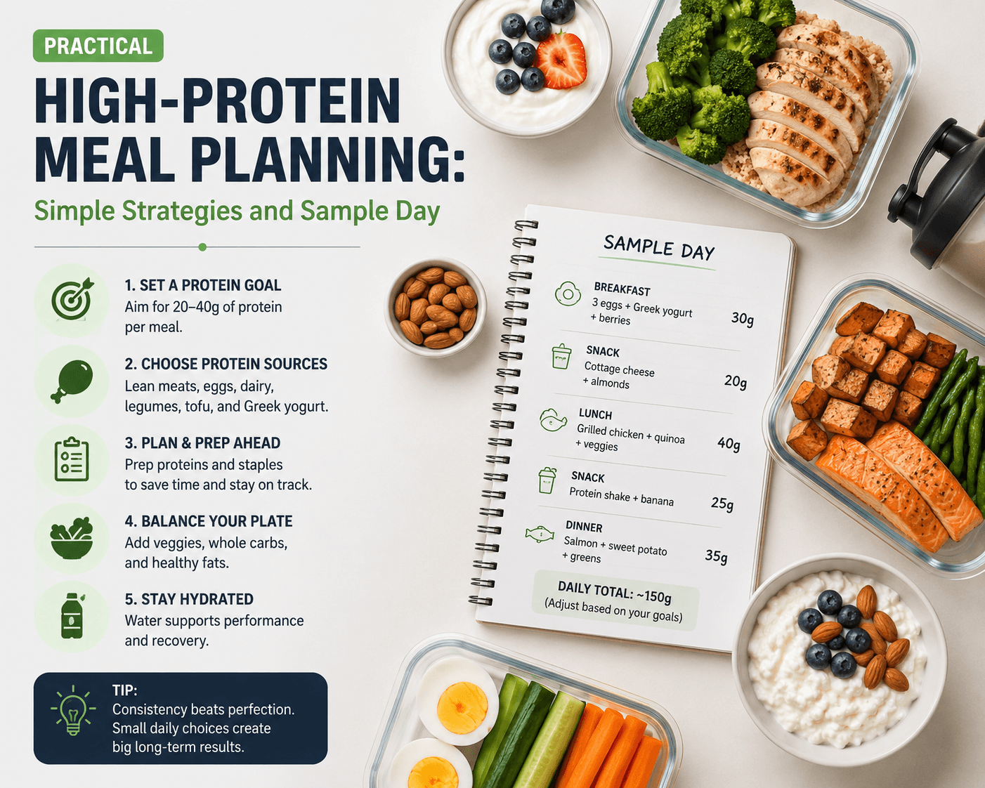 Overhead view of a wooden table with meal-prep containers holding chicken, quinoa, roasted vegetables, Greek yogurt with berries, hard-boiled eggs, lentils, and mixed nuts, along with fresh produce and herbs.