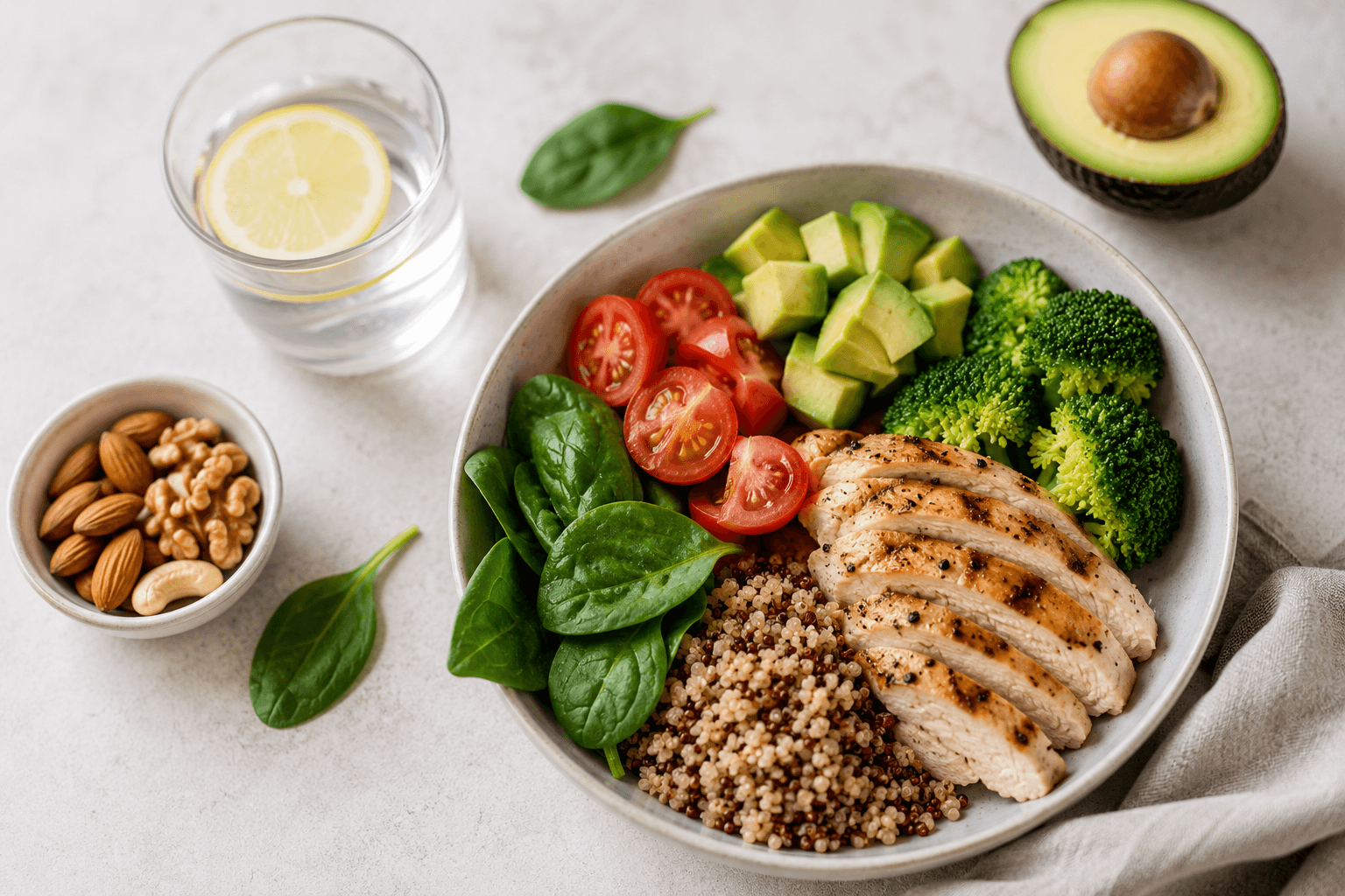 Overhead view of a balanced plate with grilled salmon, quinoa, and a large portion of mixed vegetables on a wooden table, beside a small dish of olive oil and a glass of lemon water.